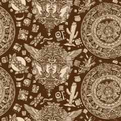 Mexican mesoamerican culture. Aztec sun stone, golden totem and mayan glyphs seamless pattern. Ancient Maya Civilization background