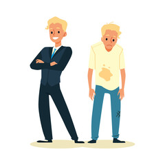 Obraz premium Rich happy man and poor upset person flat vector illustration isolated.