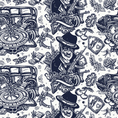 Retro crime seamless background. Gangsters pattern. Boss plays saxophone, bandits weapons, retro car, casino, robbers. Traditional tattooing style. Criminal, old noir movie