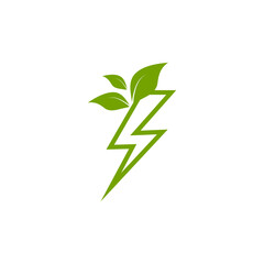 Green lightning bolt simple flat icon. storm or thunder and lightning strike sign isolated on white.