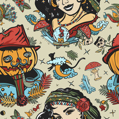 Halloween seamless pattern. Old school tattoo, gothic style. Dark fairy tale, retro background
