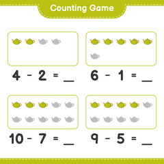 Counting game, count the number of Tea Pot and write the result. Educational children game, printable worksheet, vector illustration