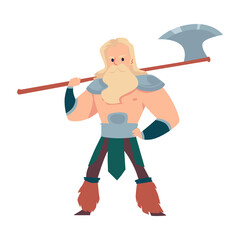 Male character warrior viking in armor holding axe a cartoon vector illustration