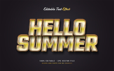 Hello Summer Text in Bold Gold with 3D Embossed Effect. Editable Text Style Effect