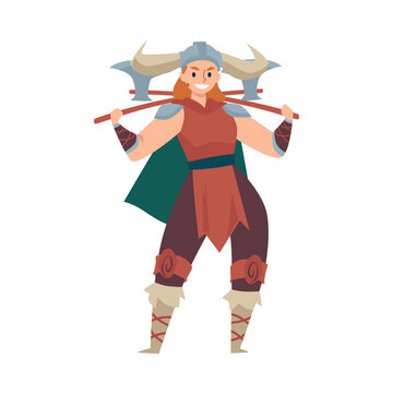 Viking woman warrior armed with axes, flat vector illustration isolated.