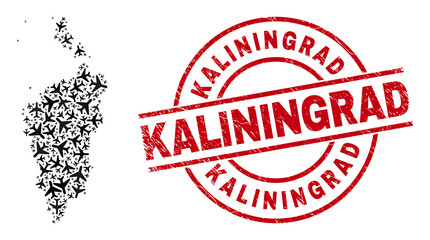 Kaliningrad textured stamp, and Krasnoyarskiy Kray map mosaic of air force items. Mosaic Krasnoyarskiy Kray map constructed with air planes. Red badge with Kaliningrad word,