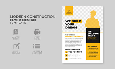 Modern and clean construction flyer design yellow and black layout, a4 poster, a4 brochure, design for construction, real estate, commercial company, ready to print,