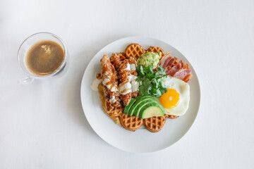 fried egg bacon waffles fresh vegetables parsley