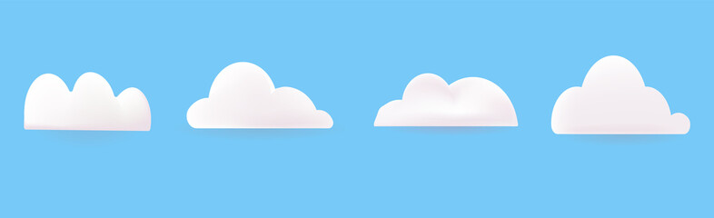 White 3d clouds are fluffy plasticine, isolated on a blue background. Vector illustration. Minimal sky concept