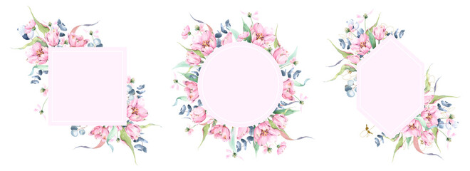3 pink frames set with watercolor flowers, square template, round floral composition, diamond frame with floral decoration, post template, floral design, greeting cards template, tulips and eucalyptus