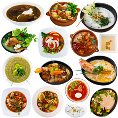 Set of soups from worldwide cuisines, isolated on white