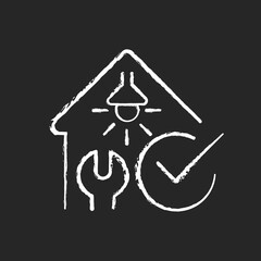 Electrical safety inspection chalk white icon on dark background. Examination for electrical wiring damage. Appliances checkup for suitability. Isolated vector chalkboard illustration on black