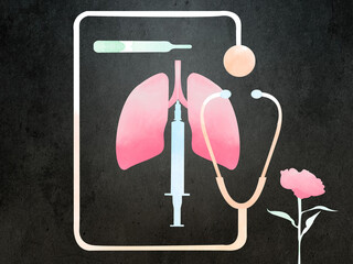 Coronavirus vaccine injection in a syringe near lungs, a digital thermometer, stethoscope, and a flower