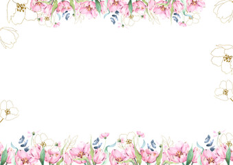 Invitation, greeting card template with hand painted feminine watercolor floral border, pink tulip flowers, green foliage, blue eucalyptus, watercolor template design, horizontal, rectangular, spring