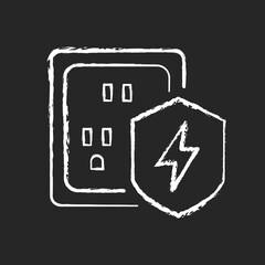 Surge protection chalk white icon on dark background. Electrical installation protection. Voltage spikes prevention. Equipment safety in household. Isolated vector chalkboard illustration on black