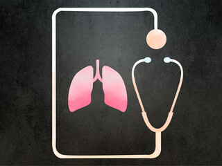 Lung inspection - pink lungs near stethoscope against a black watercolor background