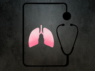 Lung inspection - pink lungs near stethoscope against a black watercolor background