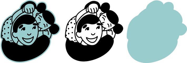 Dad and baby are playing. The father holds the mischievous daughter in his arms and hugs her tightly. Fun communication of the father and the child. Illustration in black and white, on an isolated