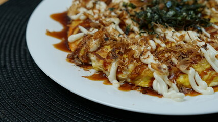 Japanese pancake with brown sauce and mayonaise