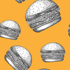 seamless pattern on monochrome illustration of Burger on  orange background with cutlet, cheese, salad, onion, tomatoes