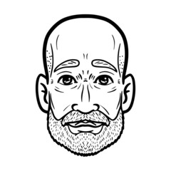 monochrome comic head of a bald man with a full beard. avatar, outline.