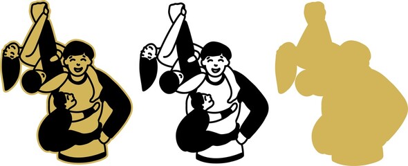 A large father plays with three children. A strong father holds a mischievous daughter and son in his arms and lifts them up. Fun communication of the father and the child. Illustration in black and