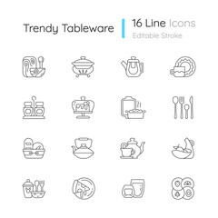 Trendy tableware linear icons set. Irregular shape tableware. Vintage dinningware. Food warming tray. Customizable thin line contour symbols. Isolated vector outline illustrations. Editable stroke