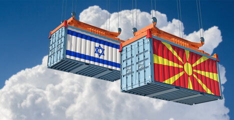 Two freight container with Israel and North Macedonia national flag. 3D Rendering