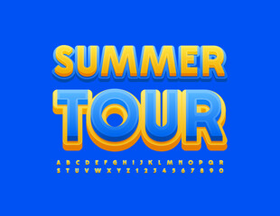 Fototapeta na wymiar Vector bright banner Summer Tour with Alphabet Letters and Numbers set. Yellow and Blue creative Font
