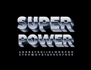 Vector metallic Emblem Super Power. Bold 3D Font. Silver Alphabet Letters and Numbers.