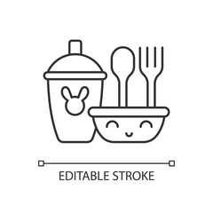 Kids dinnerware linear icon. Plates created for children to eat comfortably. Learning how to eat. Thin line customizable illustration. Contour symbol. Vector isolated outline drawing. Editable stroke