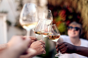 toast with white wine. multiracial people clinking glasses with wine on terrace, cafe, restaurant,...