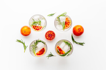Summer cocktails with blood orange grapefruit and ice. Top view