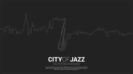 Vector silhouette of saxophone with city from one line. Concept for city of jazz music. - obrazy, fototapety, plakaty