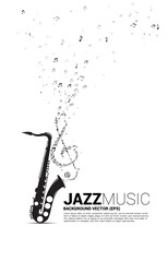 Vector music melody note dancing flow from saxophone . Concept background for jazz song and concert theme. - obrazy, fototapety, plakaty
