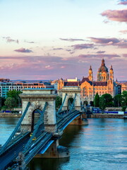 Evening Budapest, chain bridge against the backdrop of a dramatic sky, cityscape