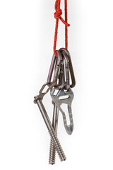 Some equipment for mountain climbing on a white background