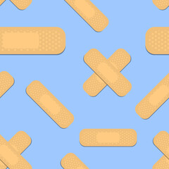 Seamless pattern with sticking plasters. Medical patch repeat texture. On blue background. Stock vector illustration.