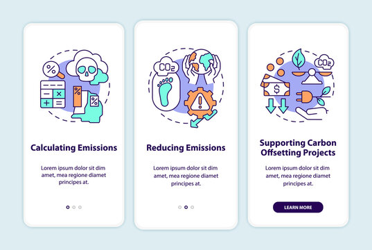 Carbon Offsetting Steps Onboarding Mobile App Page Screen With Concepts. Emissions Calculation Walkthrough 3 Steps Graphic Instructions. UI, UX, GUI Vector Template With Linear Color Illustrations