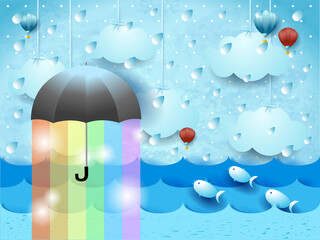Fantasy seascape with umbrella, rain and rainbow colors. Vector illustration eps10