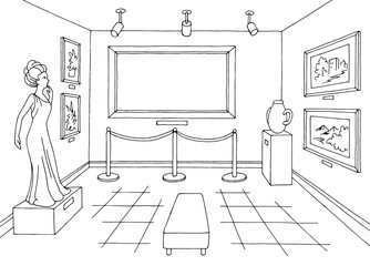 Museum interior graphic black white empty blank picture frame sketch illustration vector 
