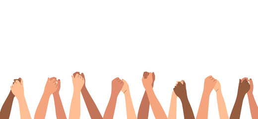 Hands raised up hold each other. Concept for International Day Friendship, Cultural Diversity. Help and tolerance for multicultural people of different races. Template vector illustration