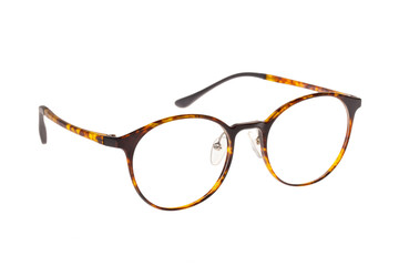 A pair of brown and golden colour, classic style prescription glasses with clear transparent lens. Display on white isolate background