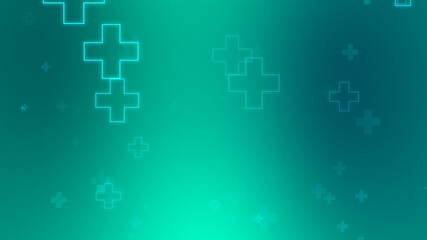 Medical health blue green cross neon light shapes pattern background. Abstract healthcare technology and science concept.