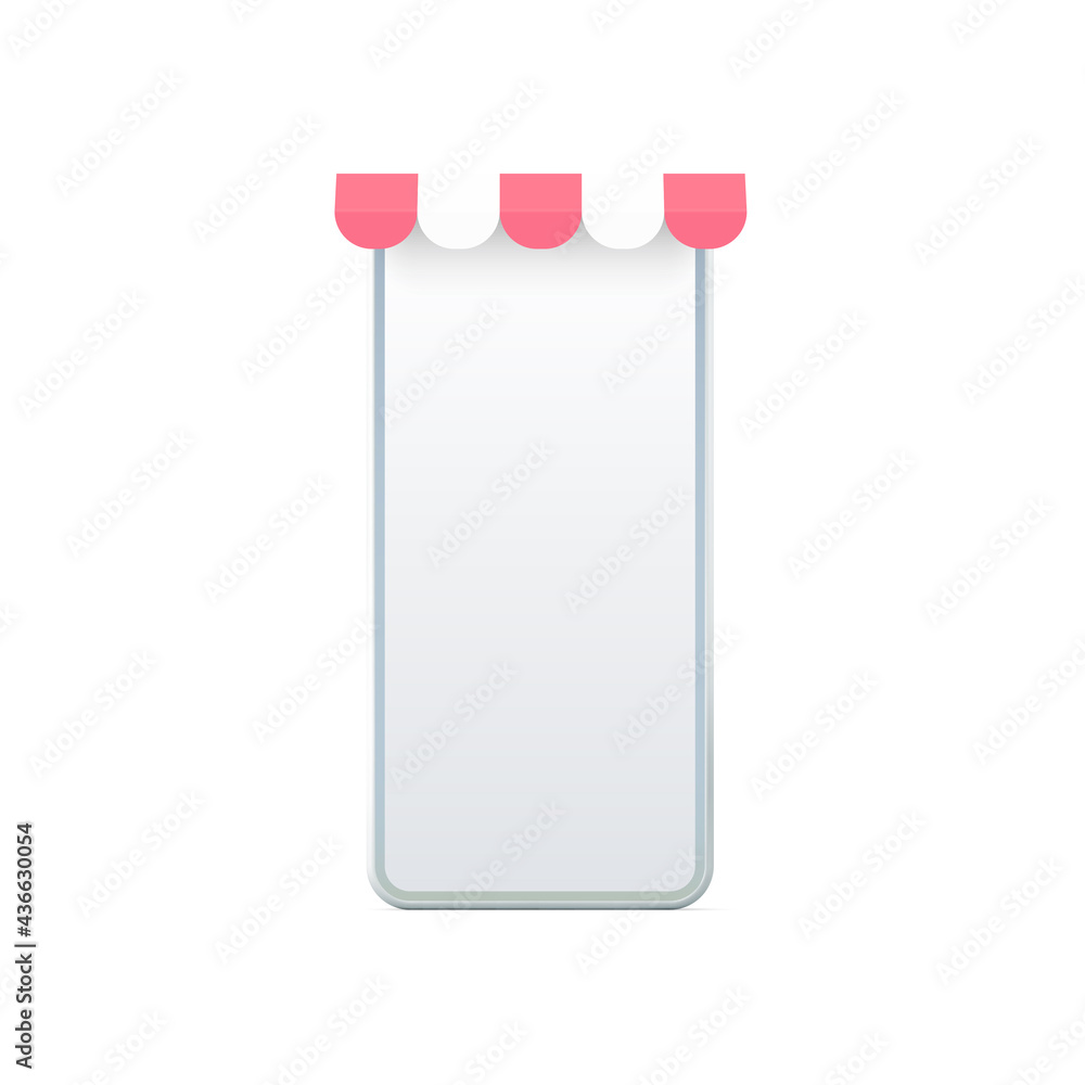 Aufkleber smartphone 3d screen with awning vector template. design online store in white mobile app with red c