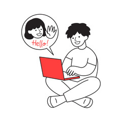 Minimalist vector illustration of cartoon man video chatting with a girlfriend through laptop. Line art for social media, app, web, advert, or sticker. Online call, internet date concept. 