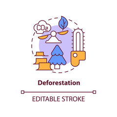 Deforestation concept icon. Human carbon emissions cause abstract idea thin line illustration. Forest degradation. Permanent trees removal. Vector isolated outline color drawing. Editable stroke