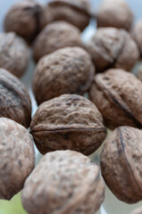 Close up of walnuts on a kitchen table in a container