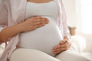Fototapeta na wymiar Pregnant woman touching her belly indoors, closeup