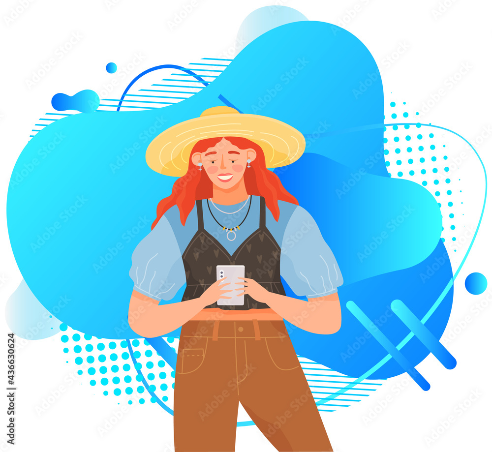 Poster woman with smartphone is communicating on abstract background. female character using mobile device 